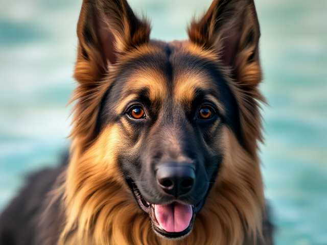 A long haired German shepherd wearing swimming goggles