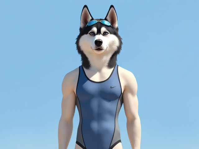 A tall anthropomorphic Siberian husky with a long torso and broad shoulders wearing a high cut Nike one piece swimsuit and swimming goggles