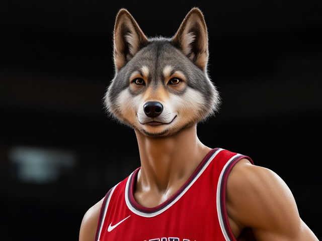 A tall and lean anthropomorphic gray wolf basketball player