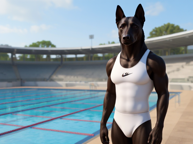 A tall and lean anthropomorphic black German shepherd with a long torso and broad shoulders, wearing a white Nike one piece swimsuit while standing next to a Olympic-Sized swimming pool