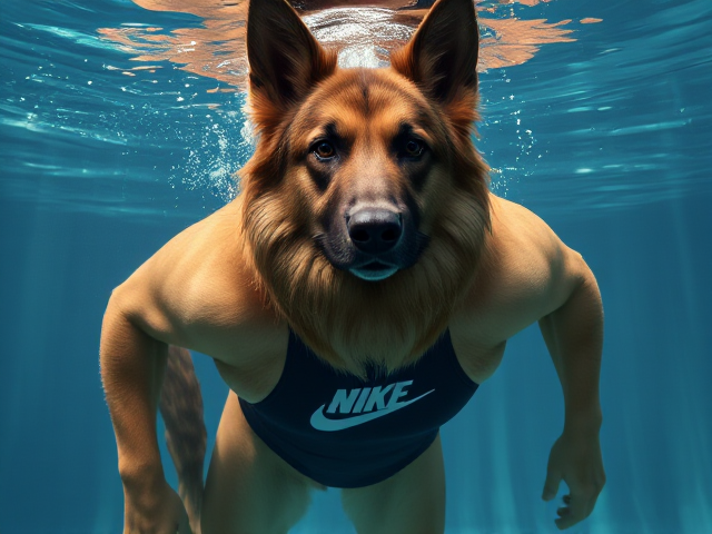 A tall anthropomorphic long haired German shepherd with a long torso and broad shoulders wearing a Nike one piece swimsuit and swimming goggles while submerged underwater