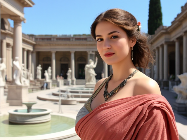 Beautiful Roman woman, dressed in elegant traditional Roman attire, with intricate jewelry and a serene expression, standing in an ancient Roman garden filled with marble statues and fountains under a clear blue sky