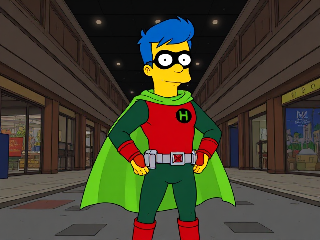 Cartoon scene: Milhouse Van Houten from The Simpsons, with his yellow skin, really big round nose, and blue hair that's slicked back and curled up at the top, but as a tall, 18-year old teenager, dressed as a parodied version of Robin, The Boy Wonder, with an extremely muscular body, wearing a dark green bodysuit with a red torso adorned with a small black circle with a light-green "H" symbol on his left pectoral, a silver utility belt with a red square buckle with silver pouches attached to it that hold all of his unique gadgets, red boots, red long-cuffed gloves, a really big, toe-length long, ultra-wide light-green cape wreathed around his neck held up by an inverted silver triangular button, and a light-green eye mask with optical lenses in it that protects his true identity, now known as Houseboy, The Nerd Wonder, the other half of Springfield's Dynamic Duo, and one of the greatest vigilante superheroes ever known in Springfield. In this scene, Houseboy is currently standing in a dark, abandoned mall at night, investigating the scene of the crime.