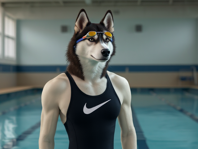A tall anthropomorphic Siberian husky with a long torso and broad shoulders wearing a high cut Nike one piece swimsuit and swimming goggles at a high school swimming pool