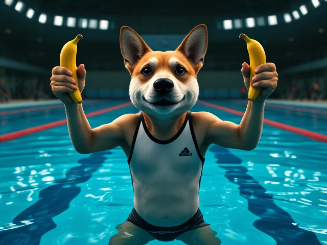 An anthropomorphic dog wearing an Adidas swim suit in an Olympic pool triumphantly holding up a banana in each hand.