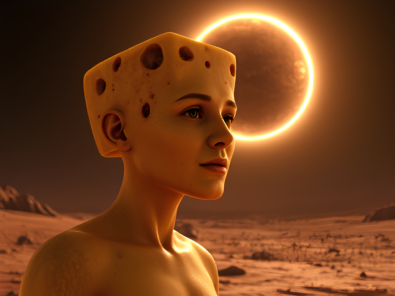 a cheese human on Mars during a Soler eclipse