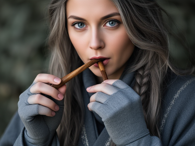 A stock photo of a female wizard, long grey hair with small braids, thick grey robes with intricate silver trim, grey fingerless gloves, smoking a long thin wooden pipe. Mood: mystical and serene. Dominant colors: shades of grey, silver, and earthy brown. Soft, diffused lighting, shallow depth of field, portrait composition, eye-level angle, focus on facial expression and pipe details.