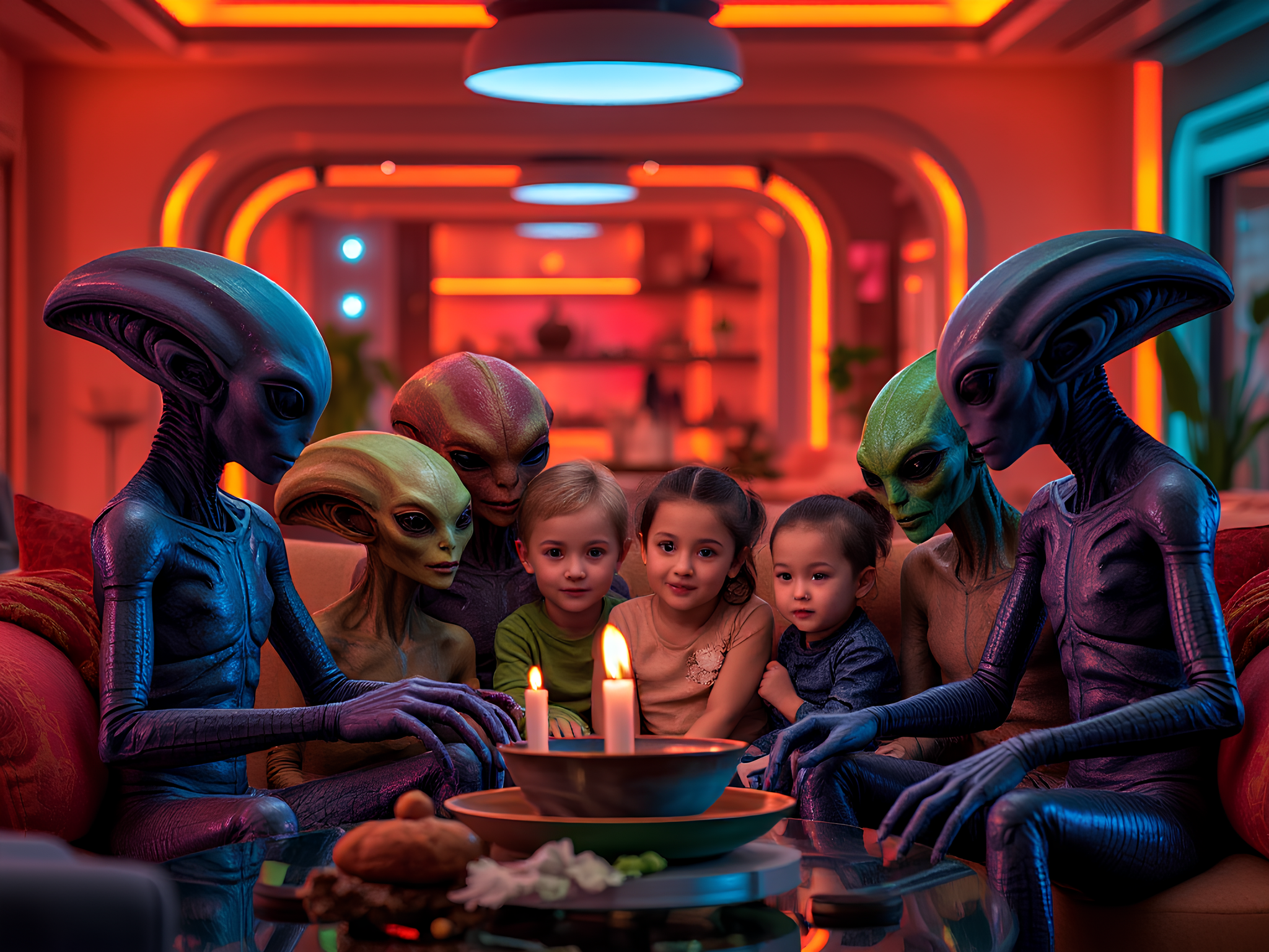 alien family enjoying quality time together in a futuristic living room, vibrant colors, diverse alien species, warm atmosphere, advanced technology