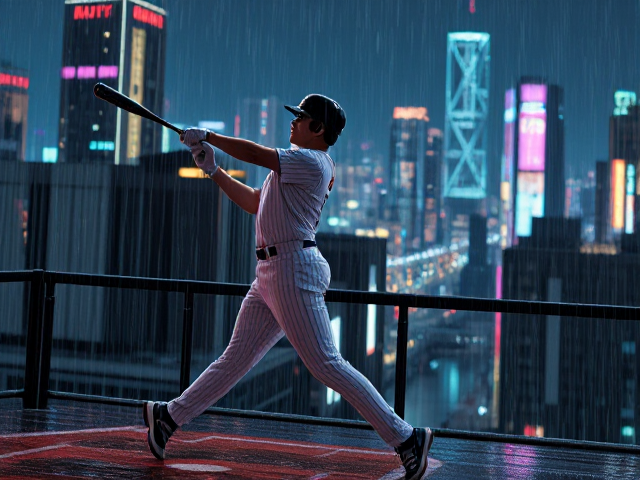 A cool baseball player swinging in a home run anime