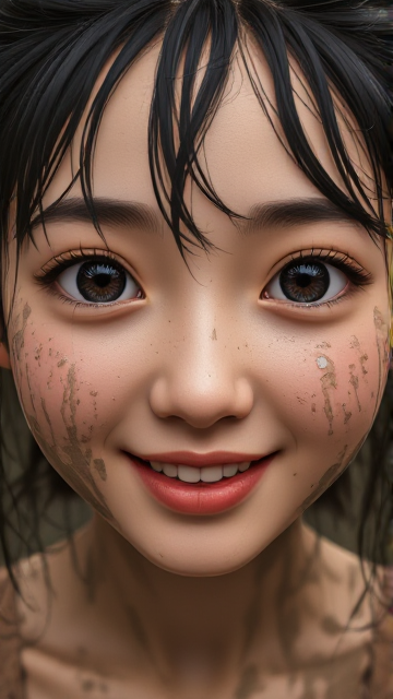 Neat face、Best Beautiful Girl、Delighted、Refreshing look、Delighted、Pleasant look、pleasant sensation、eyes large、 double eyelids、Covered in mud all over the face