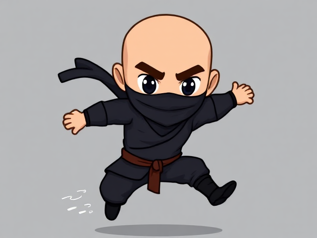 Cartoonish 8-bit ninja with no mask, a shaved head, a Caucasian face and big eyebrows.  The full body is visible, with arms and legs..  he is jumping into action.