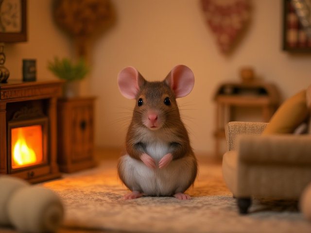 Mouse sitting in a cozy, warmly lit room with a small fireplace, surrounded by tiny furniture like a miniature armchair and bookshelf, decorated with soft textiles and warm colors