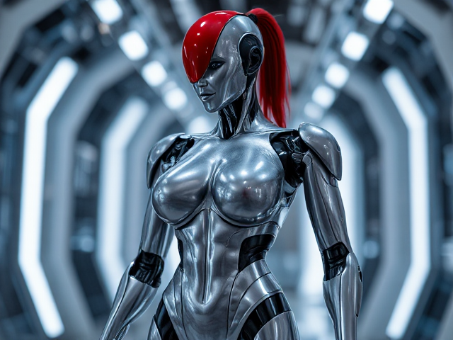 Futuristic female robot with sleek design, metallic skin, in a high-tech environment, red head, head, legs ,chest,