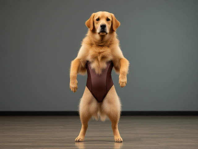Anthropomorphic golden retriever large hips gymnastics leotard gymnasium