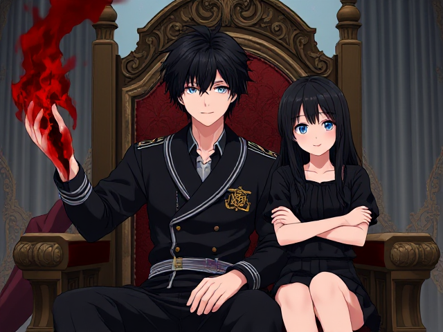 A young adult male with messy black hair and blue eyes sitting in a throne in a kingdom, his left hand has dark blood red, black flames coming from it and in his right hand is a small short sword, he is wearing a naval style all black with gold badge on it clothes and next to him is a girl his age with long black hair wearing a black very short skirt with her arms crossed, anime