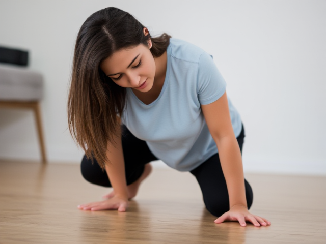 Woman with dark brown haie wearing a light blue t shirt and black yoga pants falls to the floor