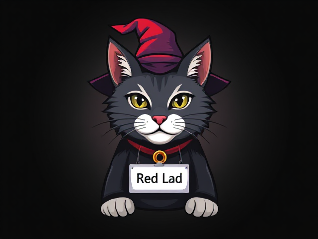 a cat with a wizard hat. A name tag around it's neck with the writing "Red Lad"