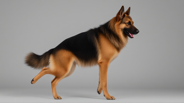 Long-haired German Shepherd with a leotard, performing gymnastics, emphasizing her hips, vibrant and dynamic pose
