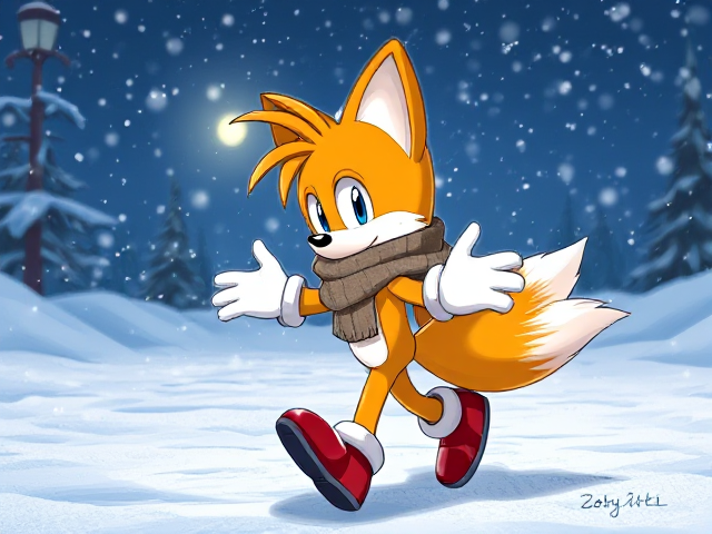 A highly detailed, full-body side shot illustration of a young and adorable Miles "Tails" Prower from the Sonic the Hedgehog video game series. Tails is walking outside late at night during a fierce snow blizzard. He is wearing a cozy scarf and winter hat, but the intense blizzard is hindering his progress. Tails’ two fluffy tails are blowing violently in the strong wind behind him. His hands are outstretched in front of his face as he tries to shield himself from the harsh wind