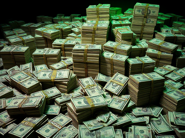 Create a realistic scene featuring numerous piles of money arranged randomly, with a mix of neatly stacked bundles and scattered loose bills. Each pile should include stacks of U.S. dollar bills tied with bank straps, and some bills should be casually spread out, adding a natural look. The money should appear glossy and detailed, with the texture and shine of authentic paper currency. The background should be dark, with a subtle green glow emanating around the piles, giving the image a rich and dynamic feel. Ensure the lighting enhances the depth and detail of the money, casting soft shadows to make it visually immersive.