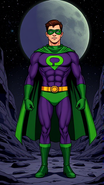 Dramatic Comic Book Cartoon scene: A young, Autistic 25-year old boy with light skin and flat, smooth, and slick brown hair named T.J. Granger, but transformed into a genetically-altered superhero named Powerman, who, despite still being a young adult kid, has an extremely muscular body. He wears a sleek purple suit with a green P symbol on his chest, a gold belt with a circular buckle, green briefs, green boots, green long-cuffed gloves, a really big, toe-length long, ultra-wide green cape wreathed around his neck, and a green eye mask that protects his true identity. He also has incredible and invincible superpowers flowing through his veins. In this scene, Powerman is currently standing in a dark valley on a mysterious alien planet in outer space that needs his help, ready to begin his investigation.