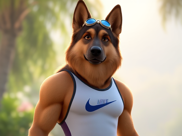 A tall anthropomorphic long haired German shepherd with a long torso and broad shoulders wearing a high cut Nike one piece swimsuit and swimming goggles