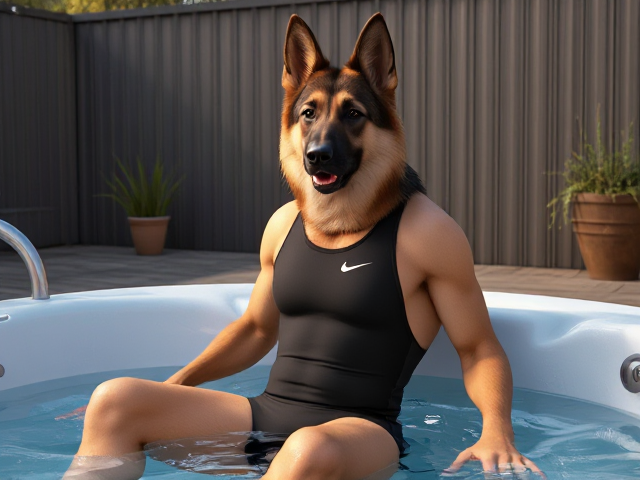A tall and lean anthropomorphic long haired German shepherd with a long torso and broad shoulders wearing a high cut Nike one piece swimsuit and swimming goggles while sitting in a hot tub
