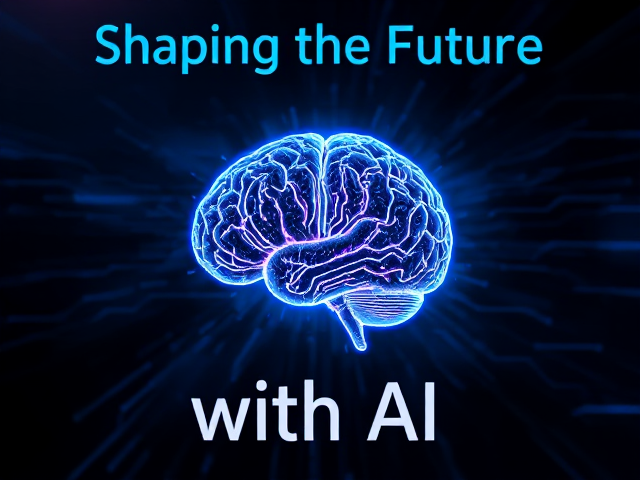 "Create a futuristic digital design showcasing AI technology. The centerpiece should be a glowing brain made of circuit board patterns, symbolizing artificial intelligence. The background should be dark with hints of deep blue and black, and glowing lines of binary code to enhance the tech vibe. The text 'Shaping the Future' should be displayed at the top, and the text 'with AI' at the bottom, in bold, sleek, metallic fonts with subtle glowing effects. Add a sense of motion and depth to give the image a dynamic, cutting-edge feel."