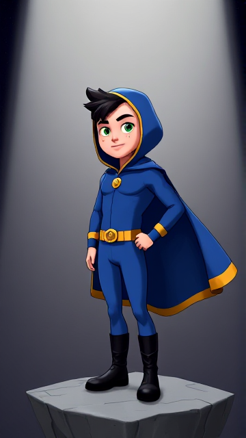 Dramatic Cartoon scene: A preteen 12-year old boy with light skin and freckles on his cheeks named Kyle Lipton, but transformed into a mysterious cosmic superhero named Dr. Dimensionpants, who, despite still being a kid, has an extremely muscular body. He wears a tight blue hood outlined by a yellow line that covers the back half of his head and leaves his ears exposed, with a smooth, slicked back black mohawk on top. He also wears a sleek blue bodysuit outlined with yellow lines on the cuffs of the sleeves and pants, a golden belt with a circular buckle, black boots, and a really big, heel-length long, ultra-wide blue cape with a really big collar outlined with yellow lines wreathed around his neck held up by a golden button. The pupils in his eyes are green, and he has a long black twin moustache, which help protect his true identity in this form. He also has incredible, invincible, and cosmic superpowers flowing through his veins. He is currently standing on a floating rock platform drifting through the pitch-black void of a mysterious dimension he finds himself trapped in, searching for a way to escape.