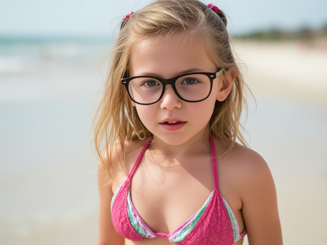 Glasses Little girl in a bikini scared
