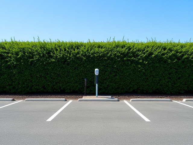Une place de parking vide avec une haie verte bien taillée en arrière-plan, au milieu une place de parking réservée avec horodateur 
devant, ciel bleu et clair, éclairage naturel