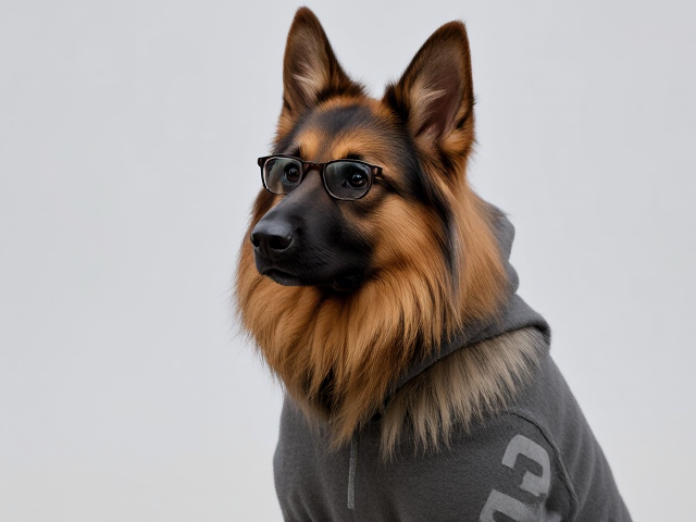A anthropomorphic long-haired German shepherd wearing a hoodie, glasses, and leggings