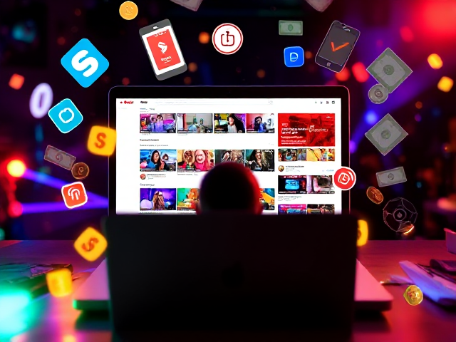 Create a vibrant, eye-catching thumbnail focused on YouTube content creation and financial success. The scene should feature a laptop screen displaying a YouTube dashboard with colorful video thumbnails, some showing signs of high engagement (like many views and likes). Surround the laptop with floating icons representing content creation tools like Canva, ChatGPT, and a camera symbol. Add blurry, glowing dollar bills and coins flowing around the scene, as if they are floating or being pulled towards the laptop, to symbolize financial rewards. Include a faceless figure in front of the laptop, actively working on content. Use dynamic elements like bright accents, colorful swirls, and a mix of glowing icons to convey productivity, creativity, and financial growth. The colors should be bold and contrasting, capturing attention while conveying excitement and success.