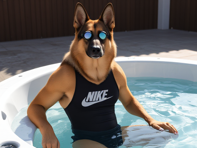 A tall and lean anthropomorphic long haired German shepherd with a long torso and broad shoulders wearing a high cut Nike one piece swimsuit and swimming goggles while sitting in a hot tub