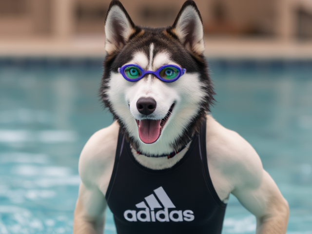 A anthropomorphic Siberian husky wearing an adidas swimsuit and swimming goggles