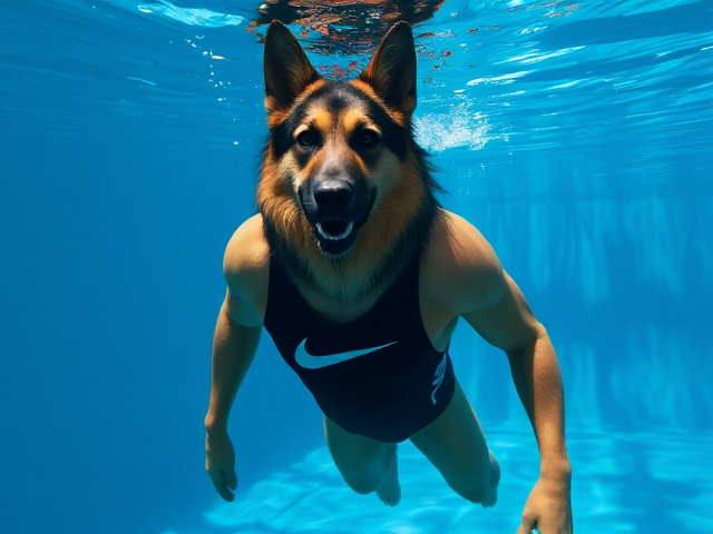 A tall anthropomorphic long haired German shepherd with a long torso and broad shoulders wearing a Nike one piece swimsuit and swimming goggles while submerged underwater