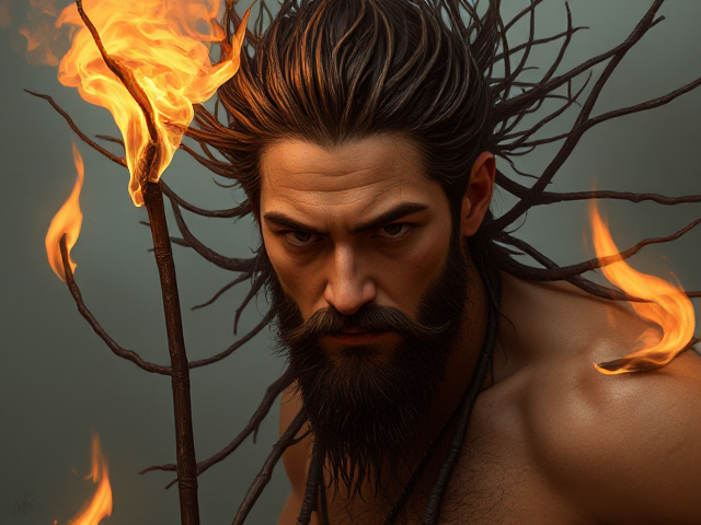 Man Fire with stick limbs and a face