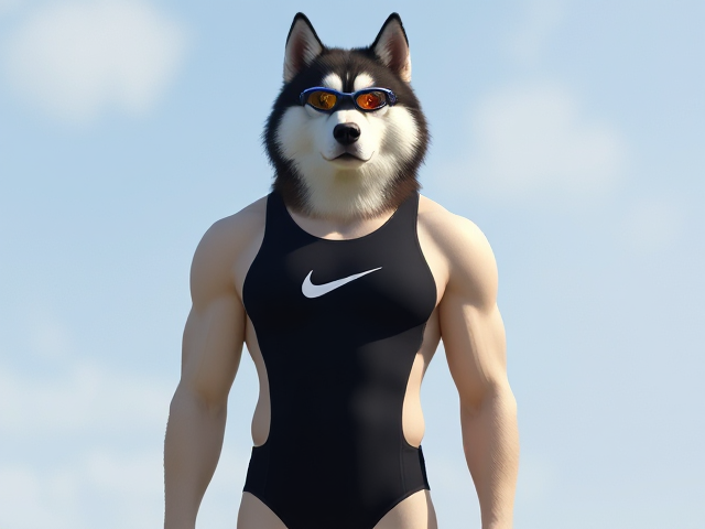 A tall anthropomorphic Alaskan malamute with a long torso and broad shoulders wearing a Nike high cut one piece swimsuit and swimming goggles