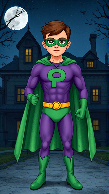 Dramatic scene: A young, Autistic 25-year old boy with light skin and flat, smooth, and slick brown hair with a singular curled bang in the shape of a P sticking out at the front named T.J. Granger, but transformed into a genetically-altered superhero named Powerman, who, despite still being a young adult kid, has an extremely muscular body. He wears a sleek purple bodysuit with a green P symbol on his chest, a golden belt with a circular buckle, green briefs, green boots, green long-cuffed gloves, a really big, toe-length long, ultra-wide green cape wreathed around his neck, and a green eye mask that protects his true identity and also causes his pupils to magically disappear as his eyes glow an eerie white. He also has incredible and invincible superpowers flowing through his veins. In this scene, Powerman is currently standing just outside of a mysterious abandoned mansion at night, ready to begin his investigation.