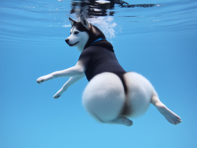 Anthropomorphic Siberian Husky in a sleek neoprene swimsuit and goggles, elegantly displaying her tail and hips underwater with a sense of grace and fluidity