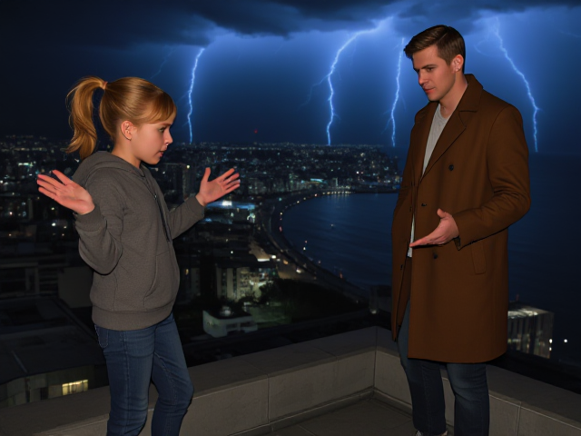 A petite 13-year-old girl with strawberry blonde hair in a ponytail, wearing a hooded pullover and jeans, is standing on the roof ledge of a night club. Next to her on the roof, standing nearby is a modern-day, pale skinned vampire in his late twenties, with blonde hair, dressed in a brown trench coat and jeans. He appears uneasy as he looks at her, holding his hands out and palms up, taking a step back. The girl gestures angrily at him with her hands, flailing her arms and scowling angrily at him in frustration. A thunderstorm approaches the cityscape from the sea shore. Set at night. The girl has a cut in her forehead.
