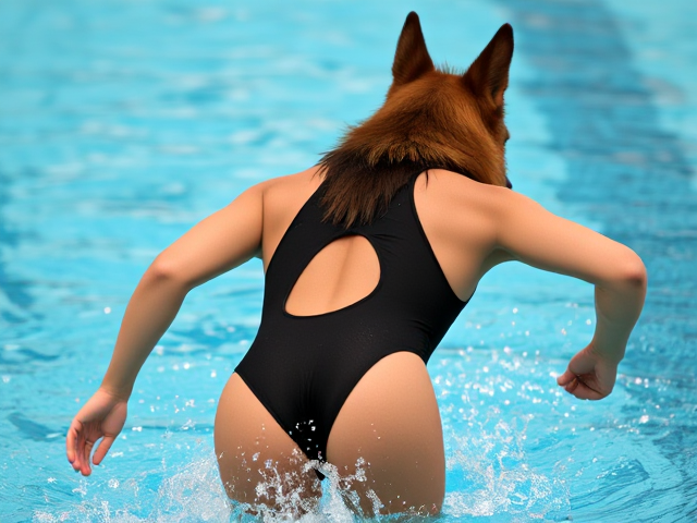A anthropomorphic long haired German shepherd competitive swimmer wearing a high cut one piece swimsuit