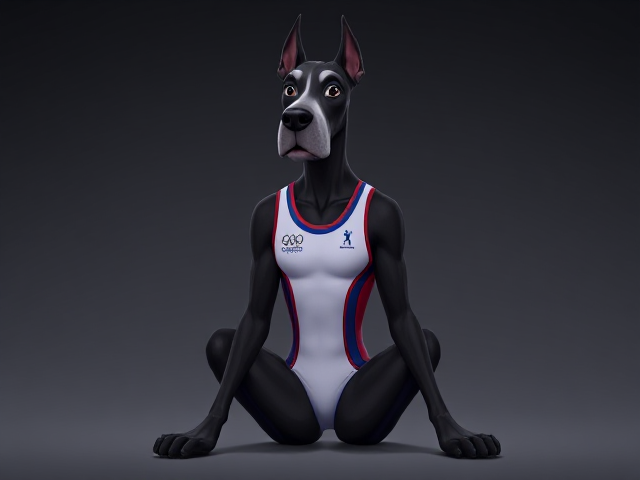 A anthropomorphic Great Dane Olympic gymnast wearing a leotard, sitting down
