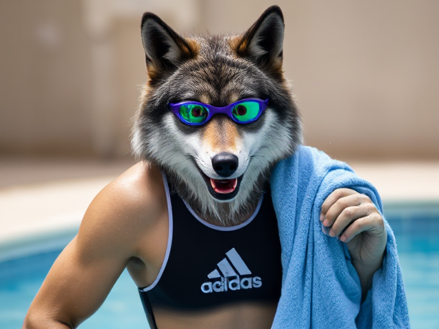 A anthropomorphic wolf wearing an adidas swimsuit and swimming goggles drying off with a towel