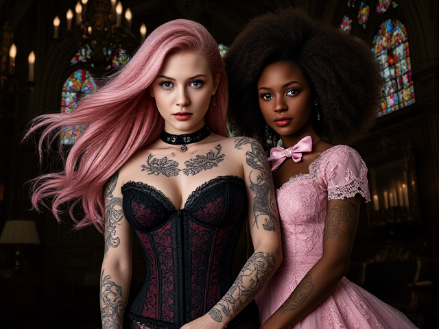 Make an attractive white girl with flowing pink hair and striking big blue eyes, full body, wearing a detailed black and dark red corset with intricate lace patterns. Her skin is porcelain with a subtle sheen. In a digital surrealism style that is edgy and artistic, she has elaborate tattoos winding across her arms and neck, featuring mythical creatures and celestial designs. The background features an ornate gothic room with towering arches, candle-lit chandeliers dripping wax, stained glass windows casting colorful shadows, and shadowy corners filled with antique furniture and mysterious artifacts, enhancing the mysterious atmosphere. Beside her stands her girlfriend, an attractive black girl with rich brown skin and voluminous Afro brown hair adorned with delicate silver accessories. She's wearing a pink bow that contrasts beautifully with her soft aesthetic. Her dress is a flowing pink lace masterpiece embellished with floral embroidery that complements her gentle elegance