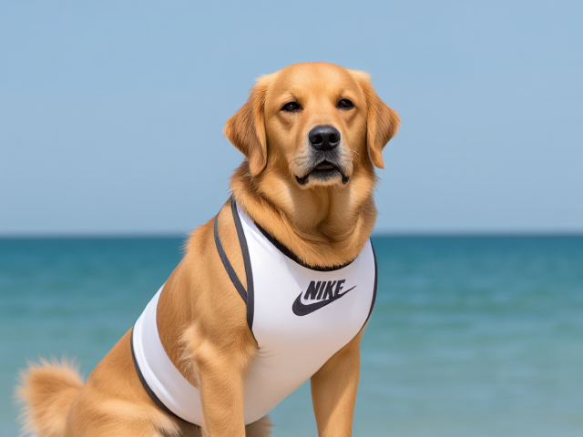 A anthropomorphic golden retriever wearing a Nike swimsuit