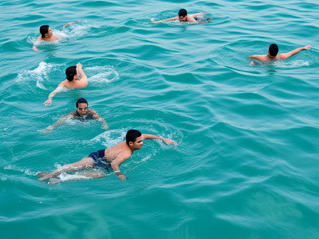 People swimming close up