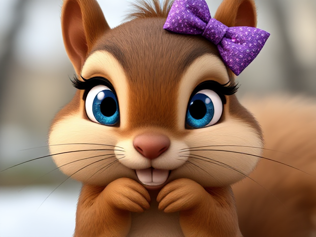 A repulsively cute cartoon squirrel with huge, glistening watery blue eyes and long, thick eyelashes, wearing a sparkly purple bow on its head. The squirrel has its paws tucked under its chin, with its head cocked slightly to the side. It has soft brown fur and two large front teeth. The background is set in Minneapolis, MN.