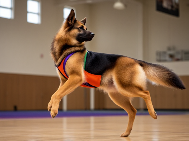 Anthropomorphic, long-haired German shepherd with defined muscular hips, adorned in a vibrant and colorful gymnastics leotard. The setting is a well-lit gymnasium, where the German shepherd is showcasing impressive agility and strength through an athletic performance