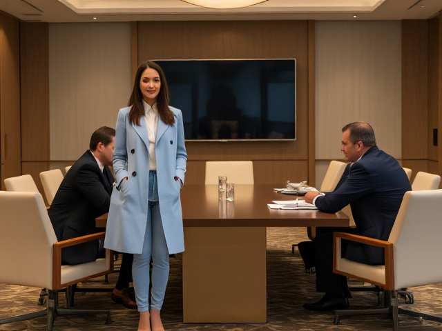 Brunette wearing a light blue coat and light blue jeans in a hotel conference room meeting with a strange businessman
